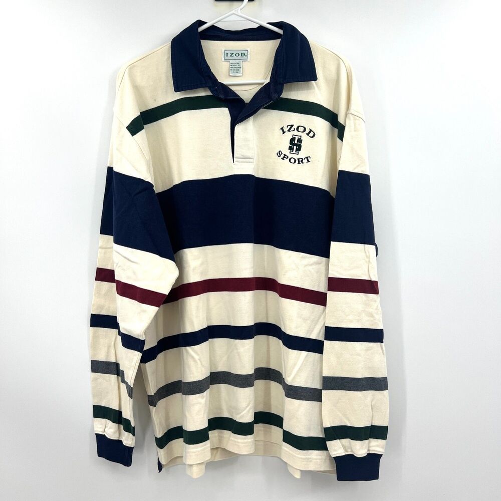Vintage IZOD Sport Rugby Polo Shirt Mens XL Cream Navy Striped Long Sleeve